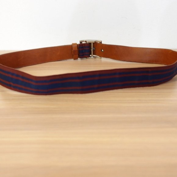 Belt Leather Buckle 36 Brown‎ Blue Red Striped Preppy Adult Fabric Nylon Classic - Picture 6 of 11